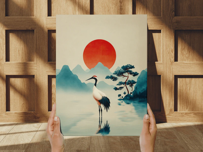 Red Sun Crane Wall Art Print - Image 1